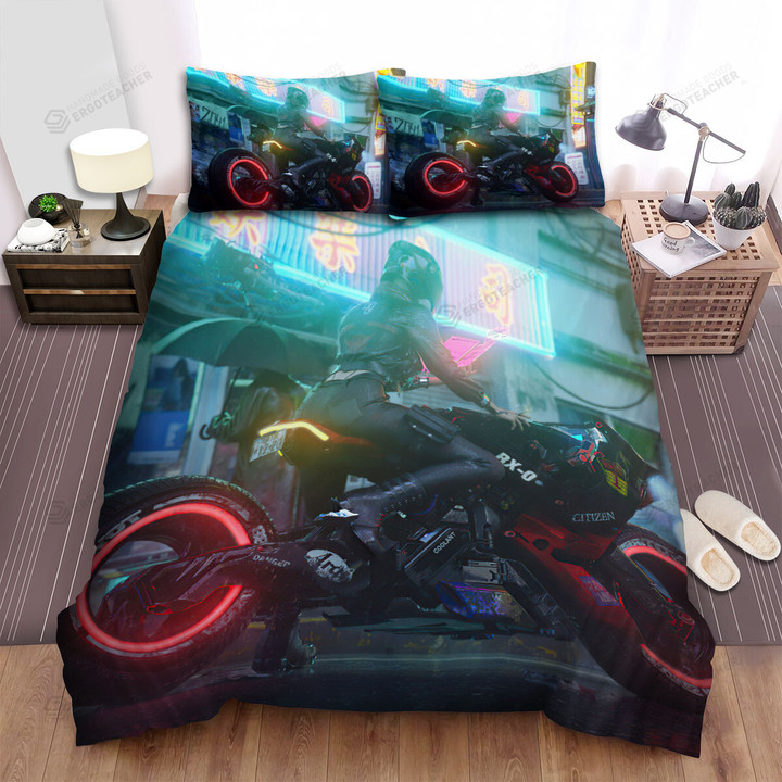 Biker Girl On Neon Street 3d Artwork Bed Sheets Spread Duvet Cover Bedding Sets