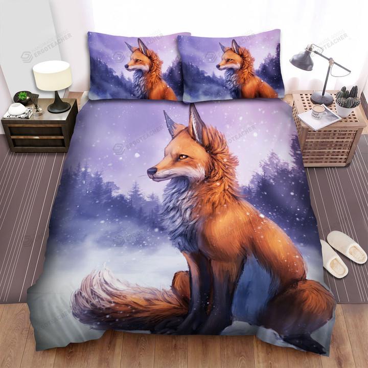 The Wild Animal - The Fox Sitting In The Winter Bed Sheets Spread Duvet Cover Bedding Sets