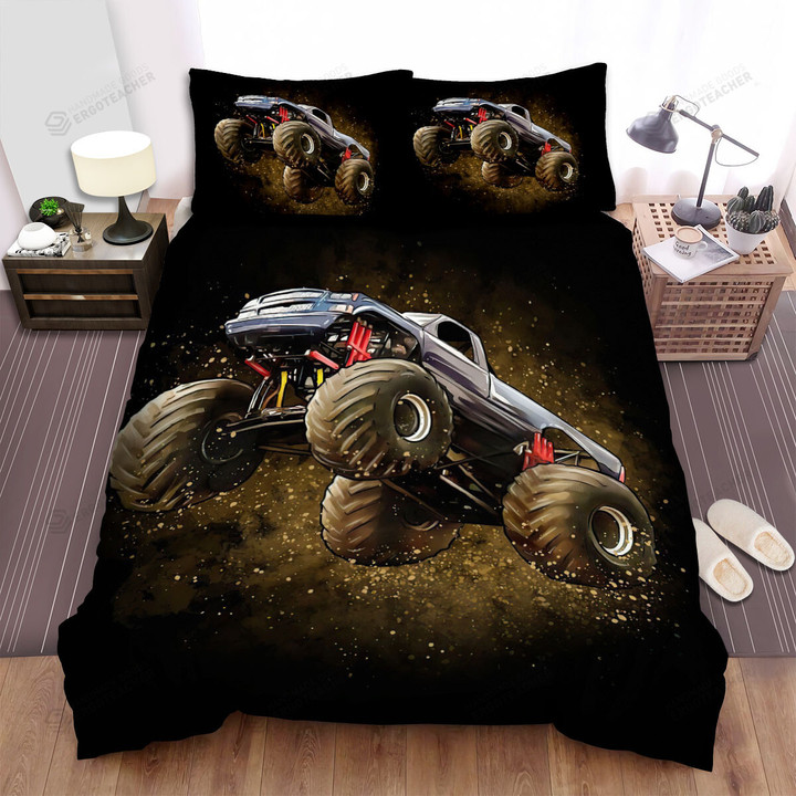Flying Monster Truck In Dirt & Mud Illustration Bed Sheets Spread Duvet Cover Bedding Sets