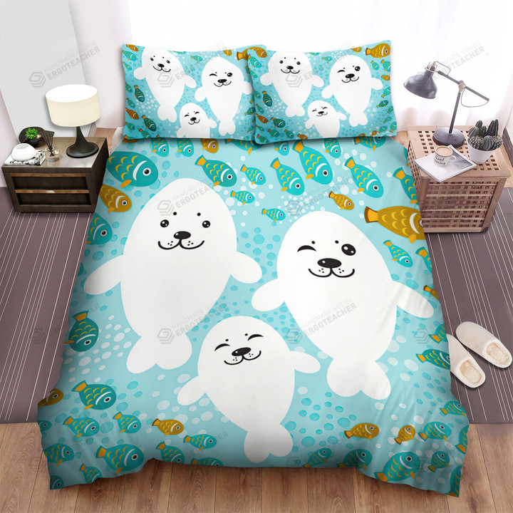 The White Seal And The Fishes Bed Sheets Spread Duvet Cover Bedding Sets