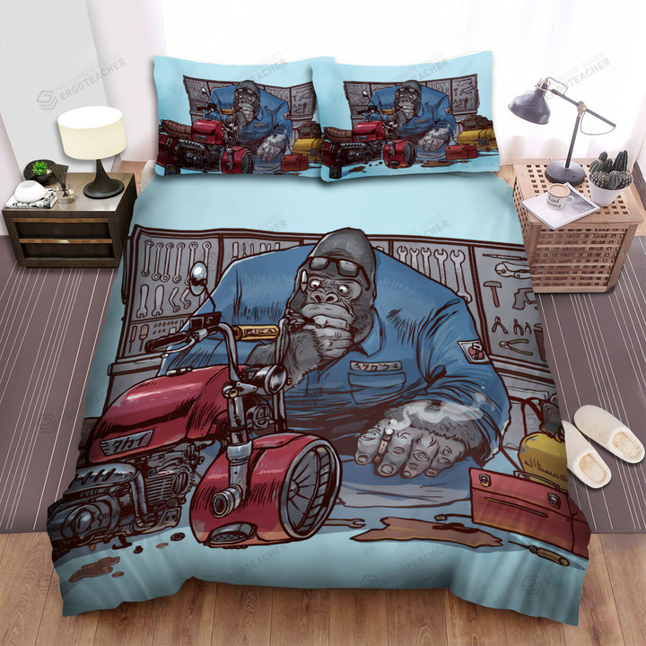Biker Mechanic Gorilla Illustration Bed Sheets Spread Duvet Cover Bedding Sets