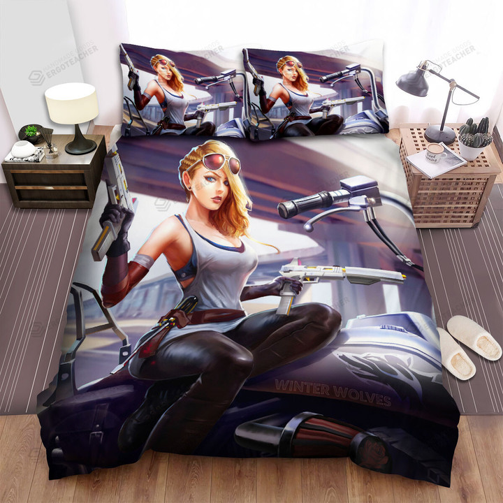 Biker Girl On Winter Wolf Motorcycle Artwork Bed Sheets Spread Duvet Cover Bedding Sets