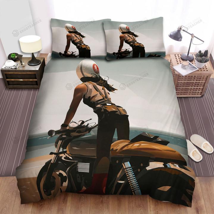Biker Girl On Classic Motorcycle Enjoys The Ride Bed Sheets Spread Duvet Cover Bedding Sets