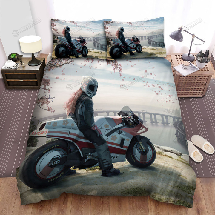 Sakura Biker Girl Art Painting Bed Sheets Spread Duvet Cover Bedding Sets