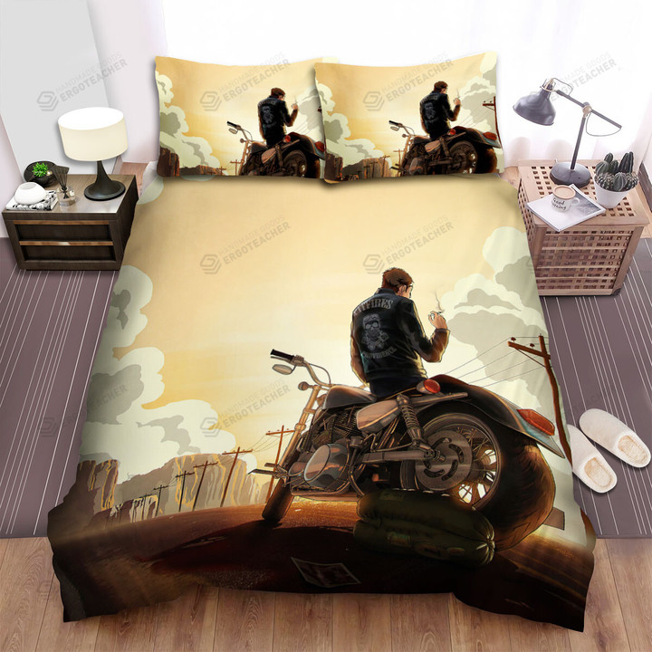 Biker Stops For A Smoke On The Street Artwork Bed Sheets Spread Duvet Cover Bedding Sets