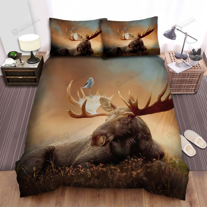 A Bird Standing On The Moose's Horn Bed Sheets Spread Duvet Cover Bedding Sets