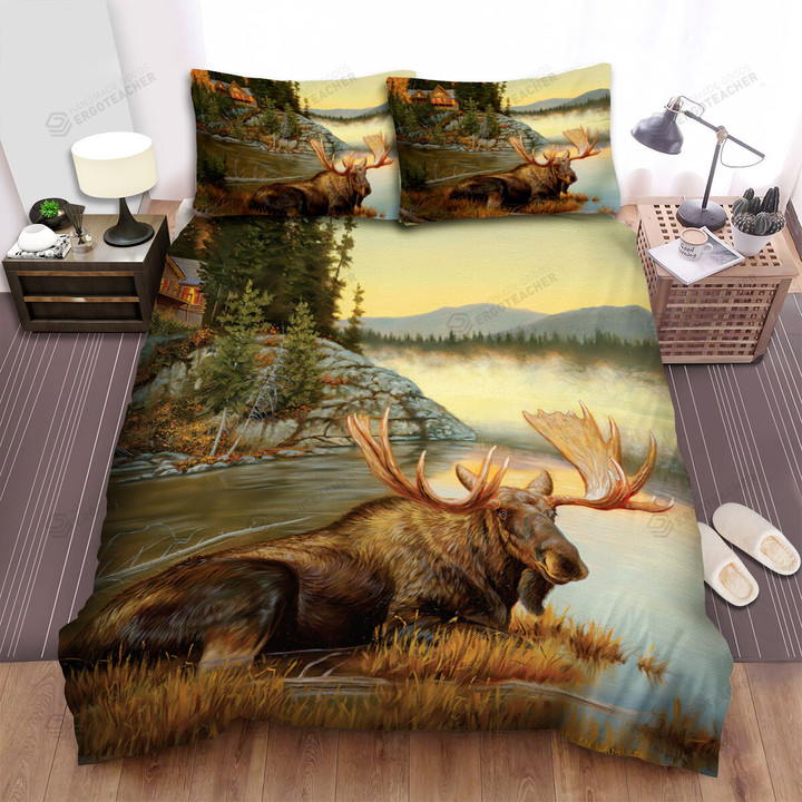 The Moose Lying Near The Lake Bed Sheets Spread Duvet Cover Bedding Sets