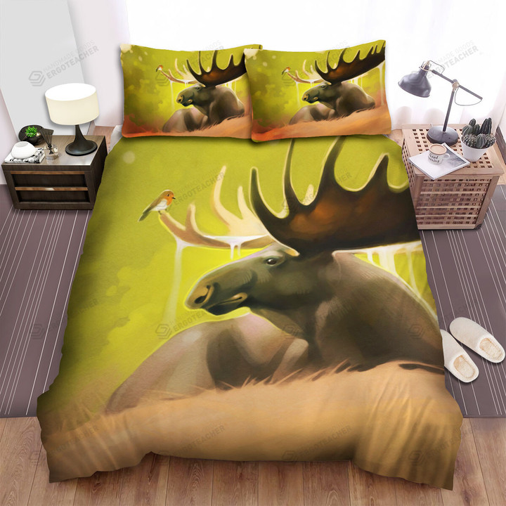 The Moose Lying With The Bird Bed Sheets Spread Duvet Cover Bedding Sets