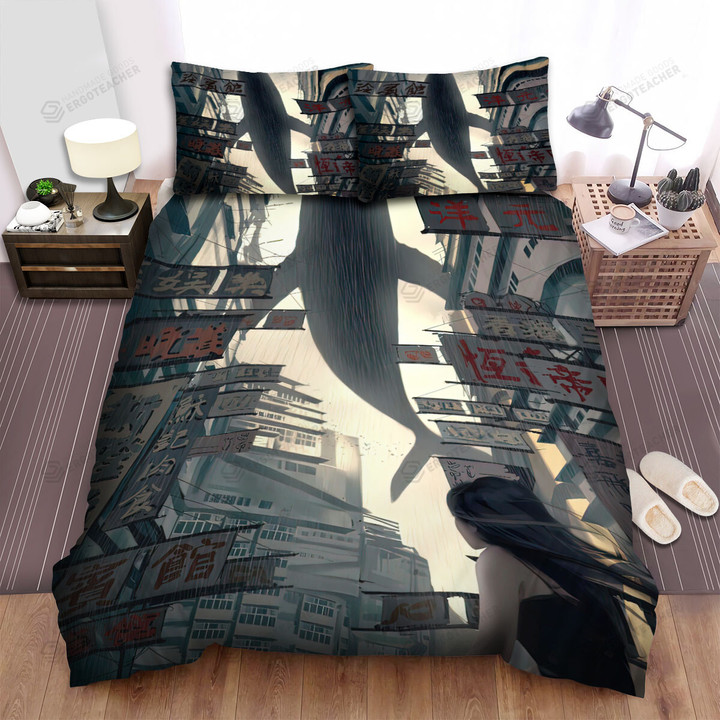 The Wild Animal - The Whale Flying Above The Street Bed Sheets Spread Duvet Cover Bedding Sets