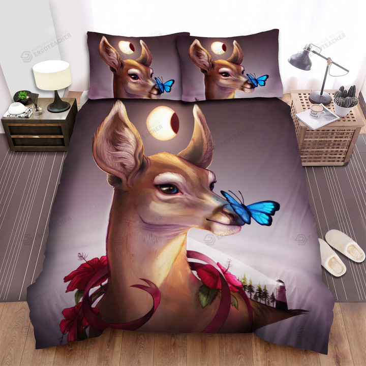 The Wild Animal - The Deer And A Butterfly Bed Sheets Spread Duvet Cover Bedding Sets
