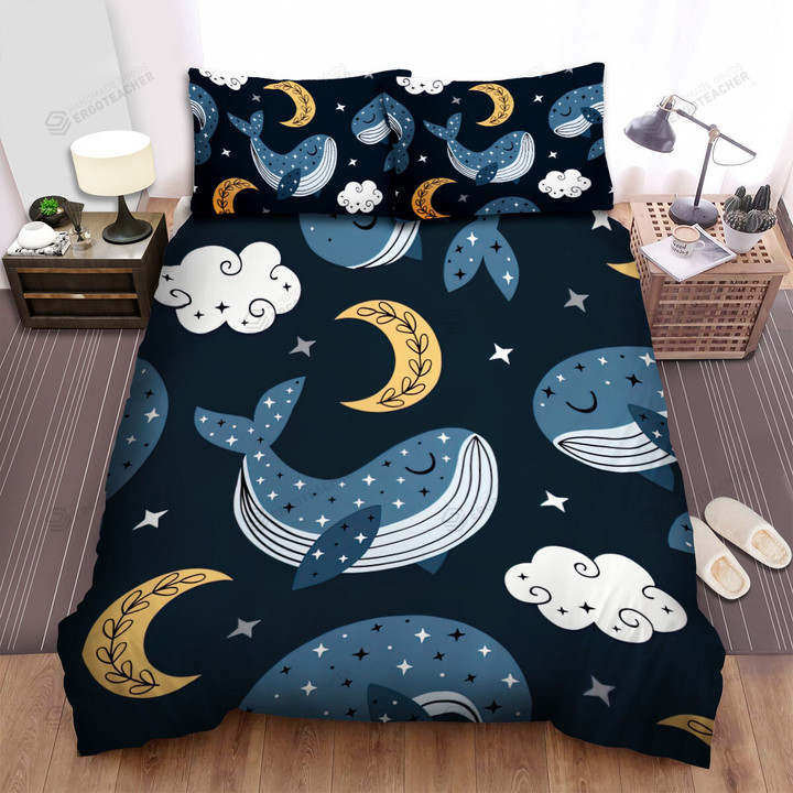 Seamless Whale And Moon Patterns Bed Sheets Spread Duvet Cover Bedding Sets