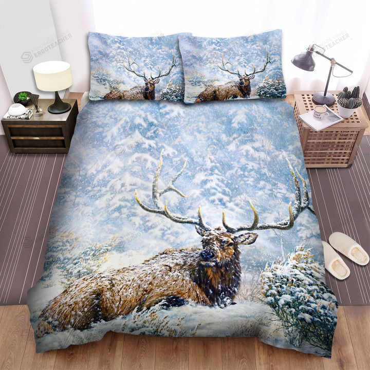 The Wild Animal - Snow Falling On The Deer Bed Sheets Spread Duvet Cover Bedding Sets