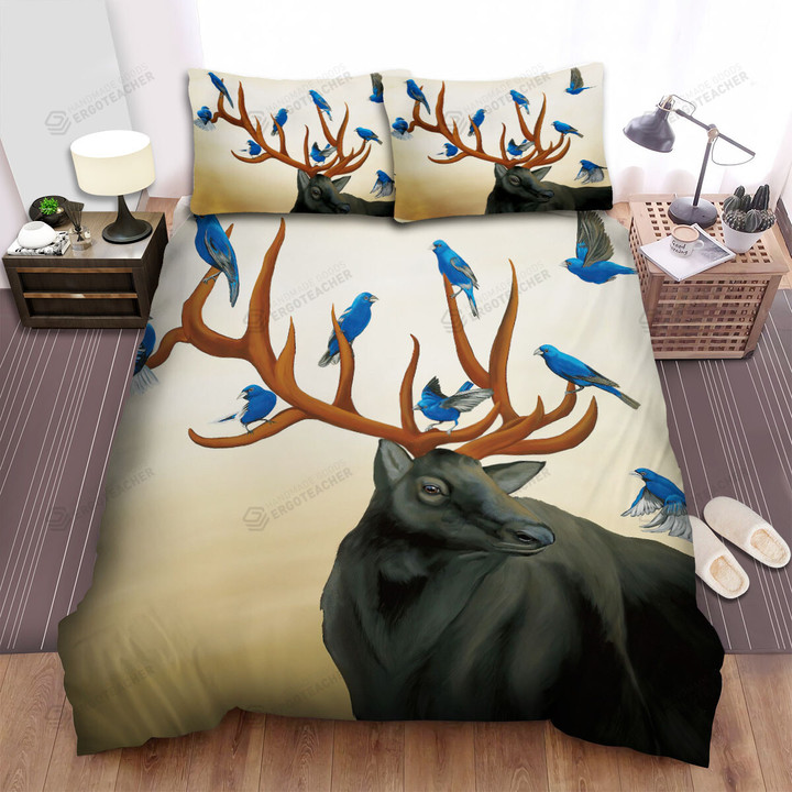 The Wild Animal - The Blue Bird On The Deer Horns Bed Sheets Spread Duvet Cover Bedding Sets