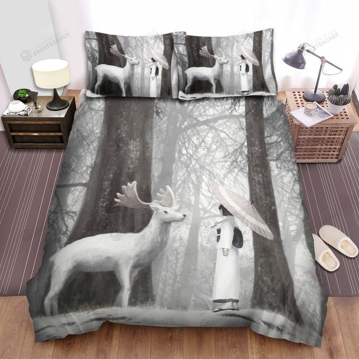 The Wild Animal - The White Deer And A Japanese Girl Bed Sheets Spread Duvet Cover Bedding Sets
