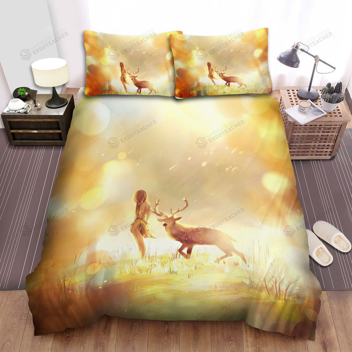 The Wild Animal - The Deer And A Native Girl Bed Sheets Spread Duvet Cover Bedding Sets