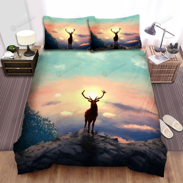 The Wild Animal - The Deer Under The Red Sun Bed Sheets Spread Duvet Cover Bedding Sets