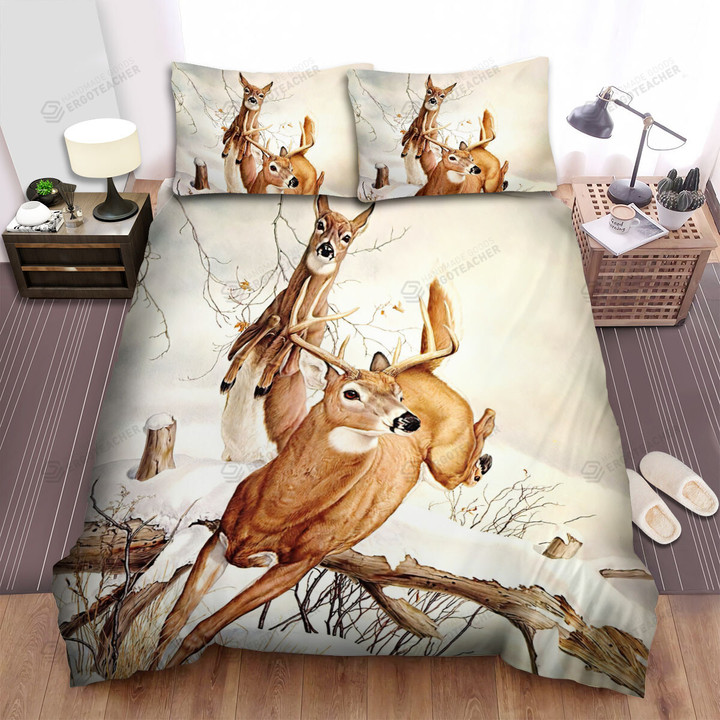 The Wild Animal - The Deer Jumping Over The Fallen Tree Bed Sheets Spread Duvet Cover Bedding Sets