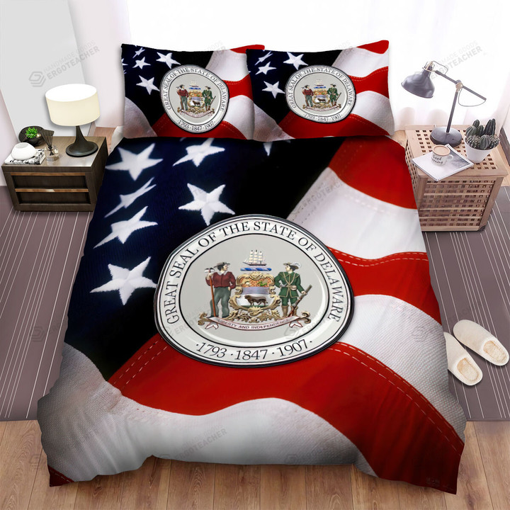 Delaware Seal Over Us Flag Bed Sheets Spread  Duvet Cover Bedding Sets