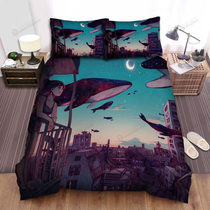 The Wildlife - Watching The Whale Flying Over The City Bed Sheets Spread Duvet Cover Bedding Sets