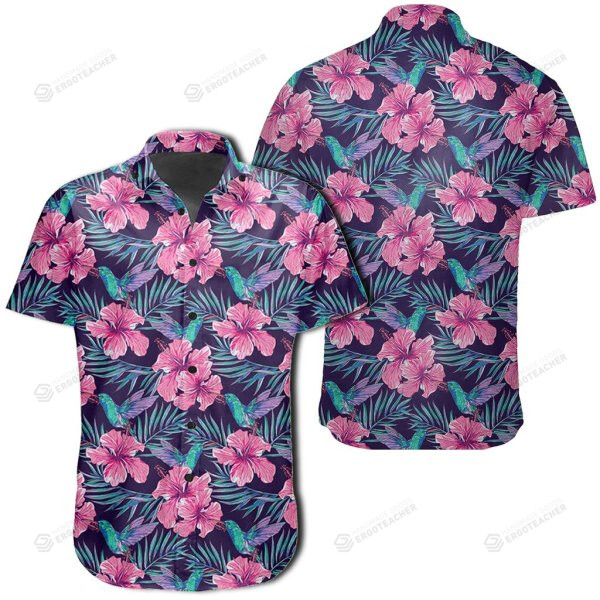Tropical Flowers With Hummingbirds Palm Leaves Hawaiian Shirt
