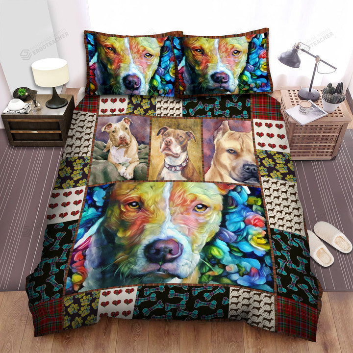 Pit Bull Face Bones And Heart Pattern Bed Sheets Spread Duvet Cover Bedding Sets