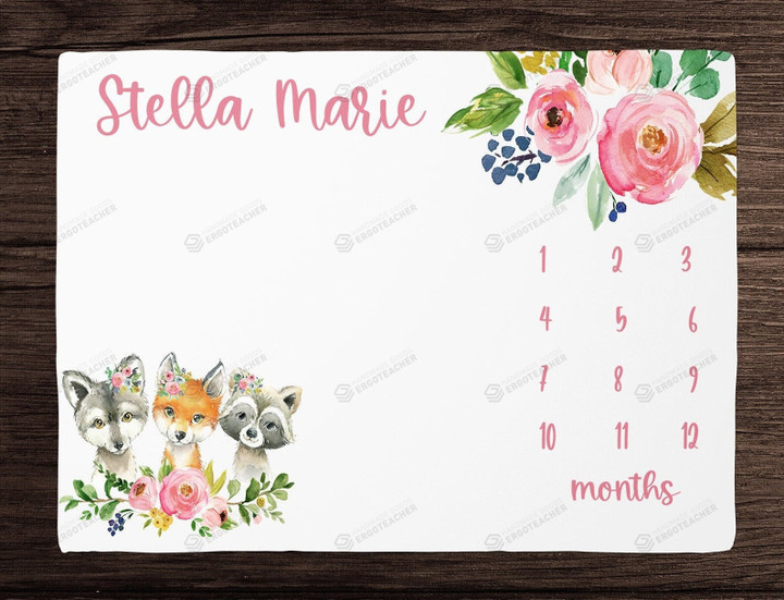 Personalized Floral With Fox Monthly Milestone Blanket, Newborn Blanket, Baby Shower Gift Grow Chart Monthly
