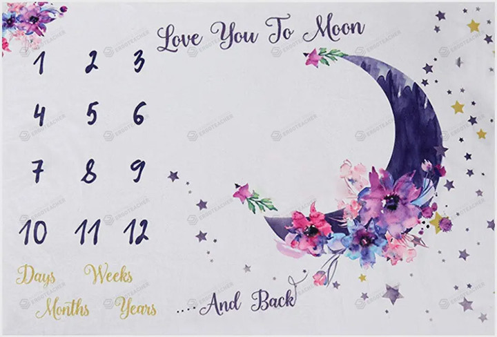 Purple Floral I Love You To The Moon And Back Monthly Milestone Blanket, Newborn Blanket, Baby Shower Keepsakes Gift