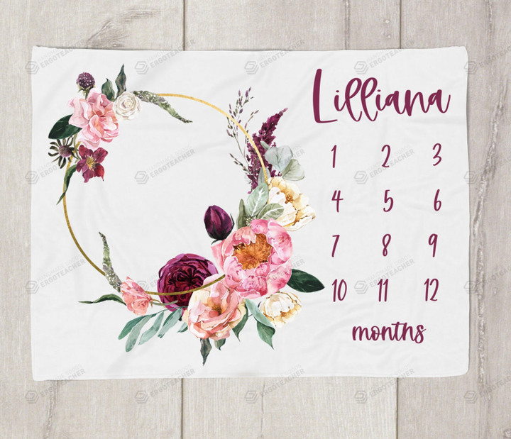 Personalized Peony Flowers Monthly Milestone Blanket, Newborn Blanket, Baby Shower Gift Watch Me Grow Monthly