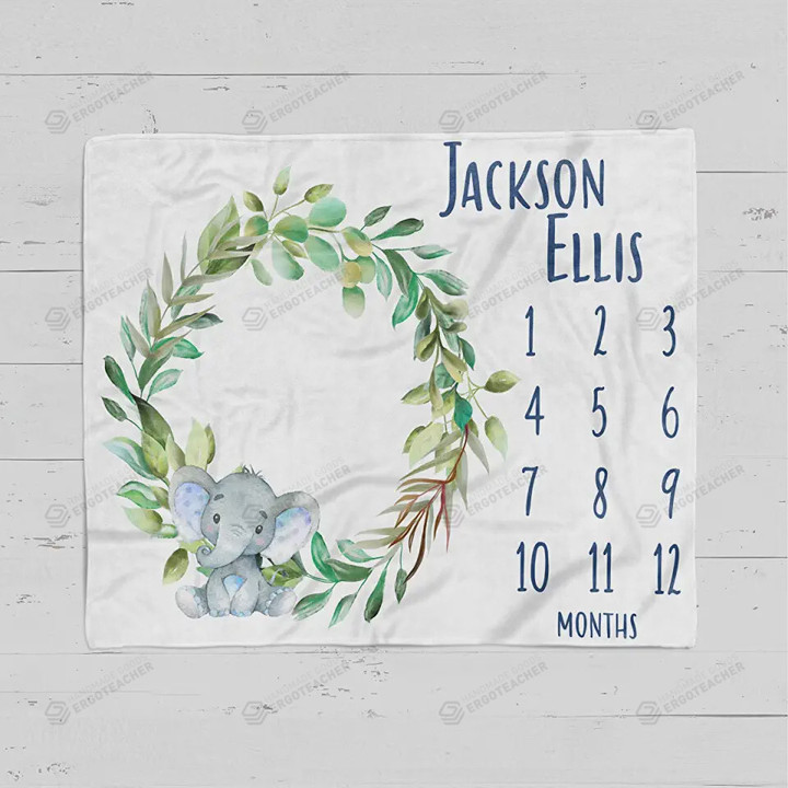 Personalized Elephant And Leaves Wreath Monthly Milestone Blanket, Newborn Blanket, Baby Shower Gift Grow Chart Monthly