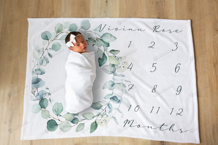 Personalized Leaves Wreath Monthly Milestone Blanket, Newborn Blanket, Baby Shower Gift Track Growth Keepsake