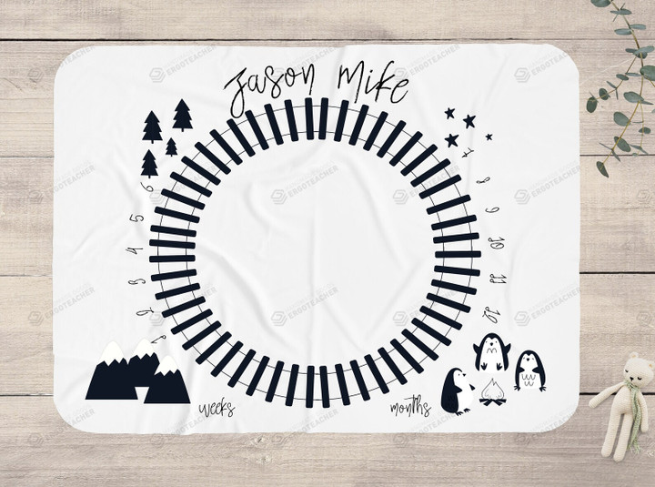 Personalized Camping With Penguin Monthly Milestone Blanket, Newborn Blanket, Baby Shower Gift Newborn Growth Memory Keepsakes
