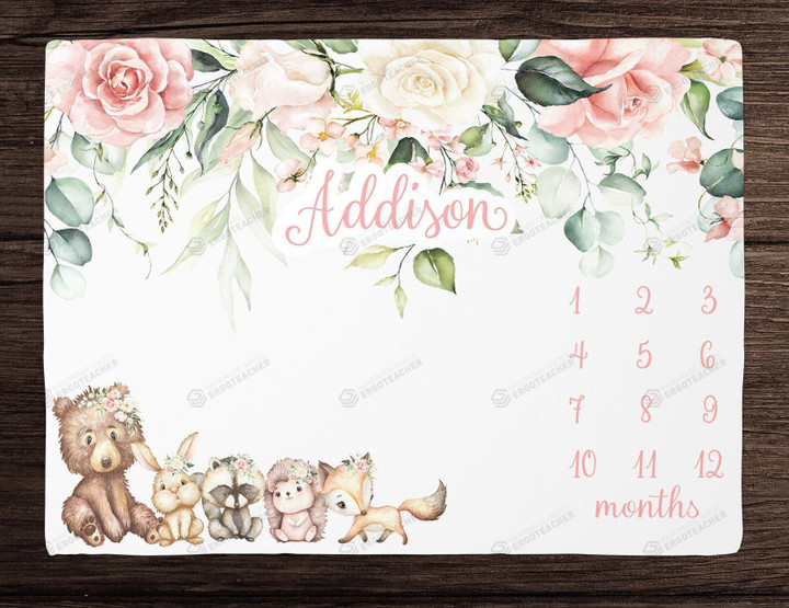 Personalized Woodland Animal With Roses Monthly Milestone Blanket, Newborn Blanket, Baby Shower Gift Grow Chart Monthly