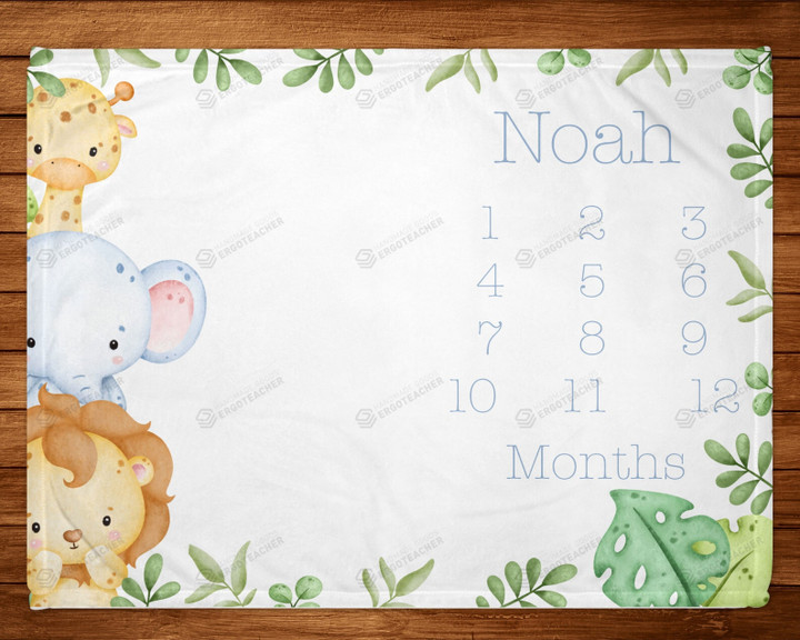Personalized Giraffe Lion Elephant Monthly Milestone Blanket, Newborn Blanket, Baby Shower Gift Watch Me Grow Monthly