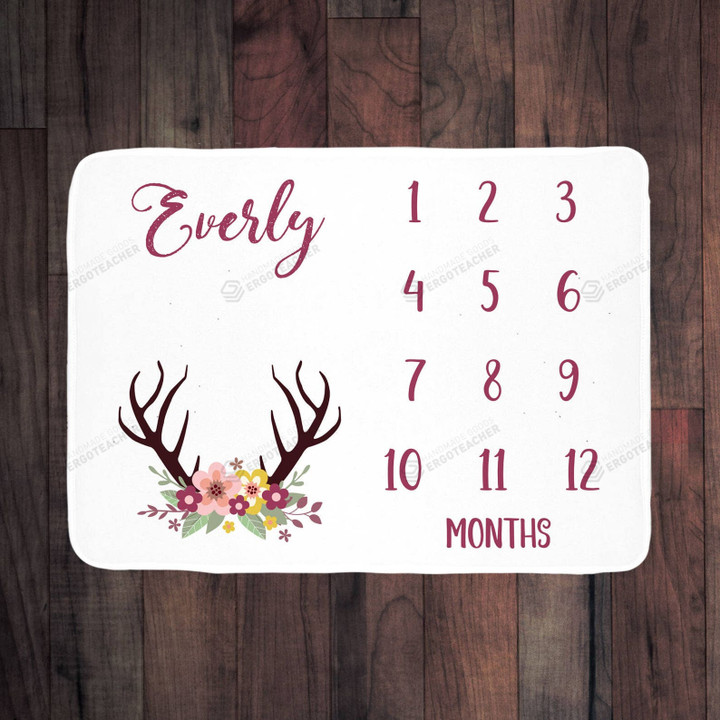 Personalized Antler With Floral Monthly Milestone Blanket, Newborn Blanket, Baby Shower Gift Adventure Awaits Monthly Growth