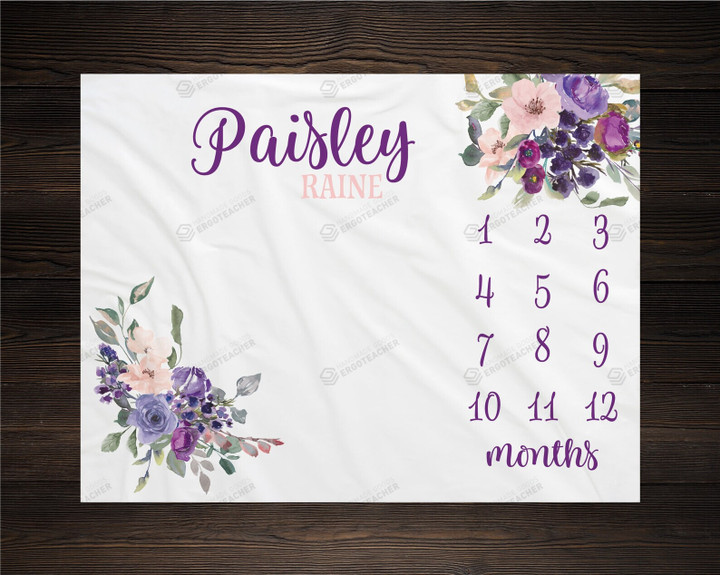 Personalized Purple Floral Monthly Milestone Blanket, Newborn Blanket, Baby Shower Gift Adventure Awaits Monthly Growth