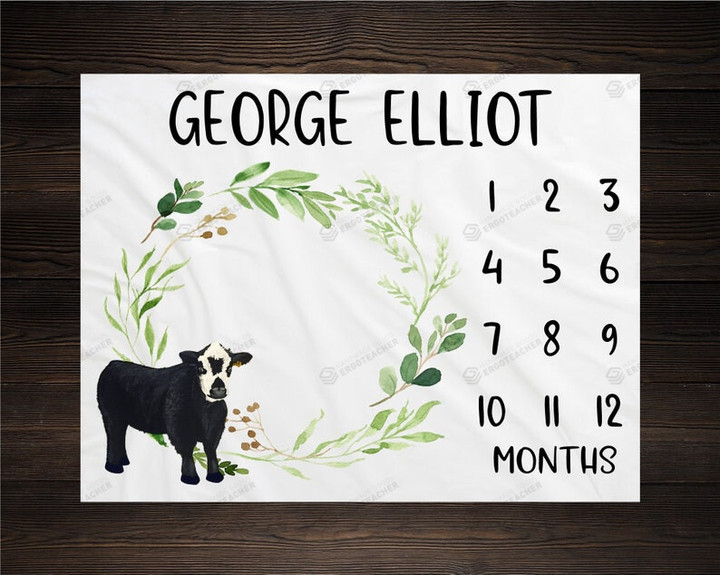 Personalized Cow And Leave Wreath Monthly Milestone Blanket, Newborn Blanket, Baby Shower Keepsakes Gift