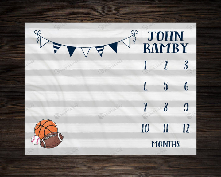 Personalized Sport Theme Monthly Milestone Blanket, Newborn Blanket, Baby Shower Gift Grow Chart Monthly