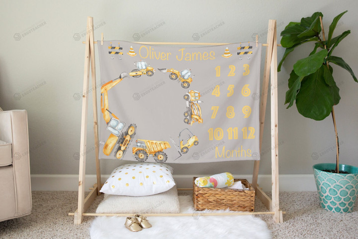 Personalized Construction Truck Monthly Milestone Blanket, Newborn Blanket, Baby Shower Gift Watch Me Grow Monthly