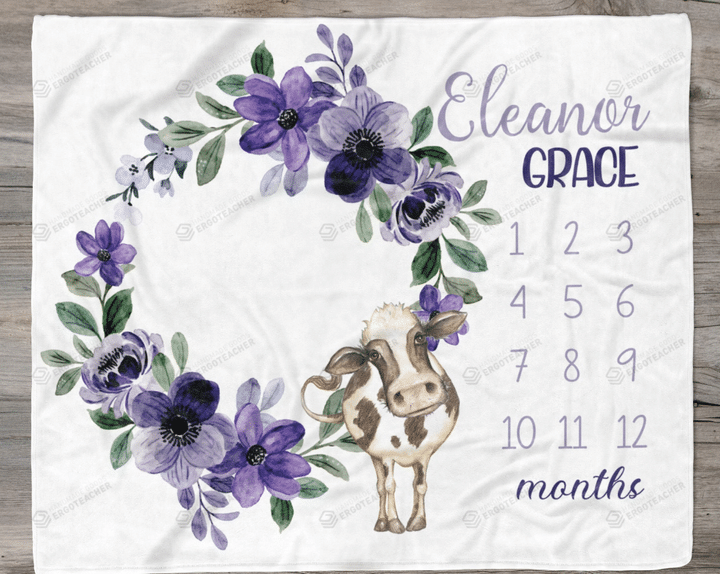 Personalized Cow Floral Monthly Milestone Blanket, Newborn Blanket, Baby Shower Gift Track Growth Keepsake