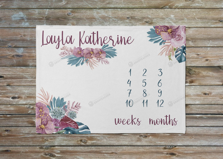 Personalized Boho Floral And Palm Monthly Milestone Blanket, Newborn Blanket, Baby Shower Gift Monthly Growth Tracker