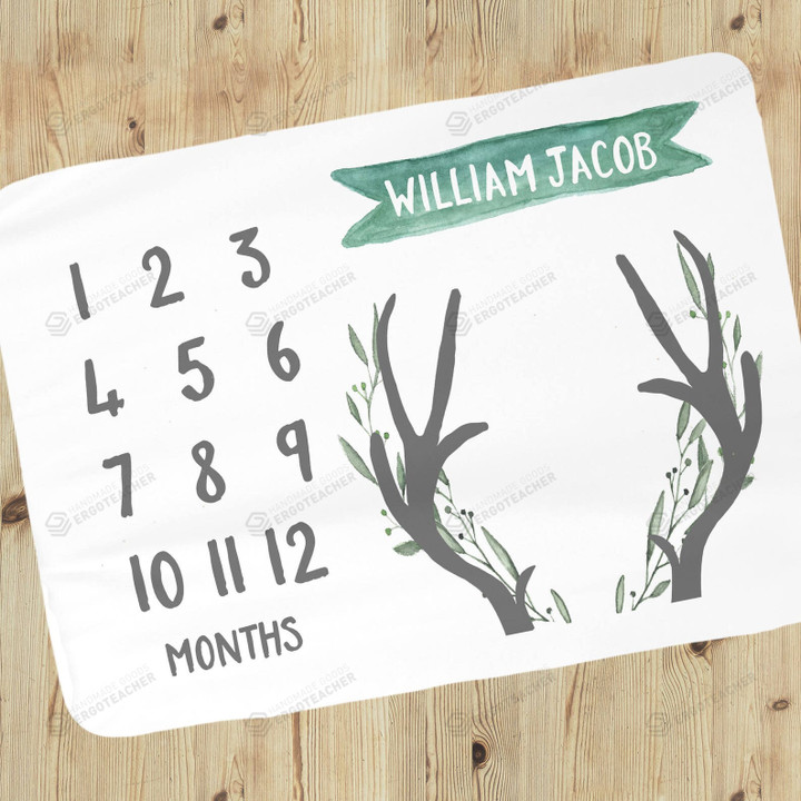 Personalized Antlers Monthly Milestone Blanket, Newborn Blanket, Baby Shower Gift Watch Me Grow Monthly