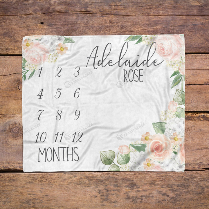 Personalized Rose Monthly Milestone Blanket, Newborn Blanket, Baby Shower Gift Adventure Awaits Monthly Growth