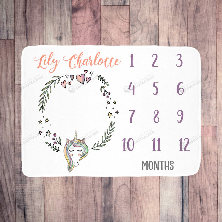 Personalized Unicorn With Leave Wreath Monthly Milestone Blanket, Newborn Blanket, Baby Shower Gift Track Growth And Age Monthly