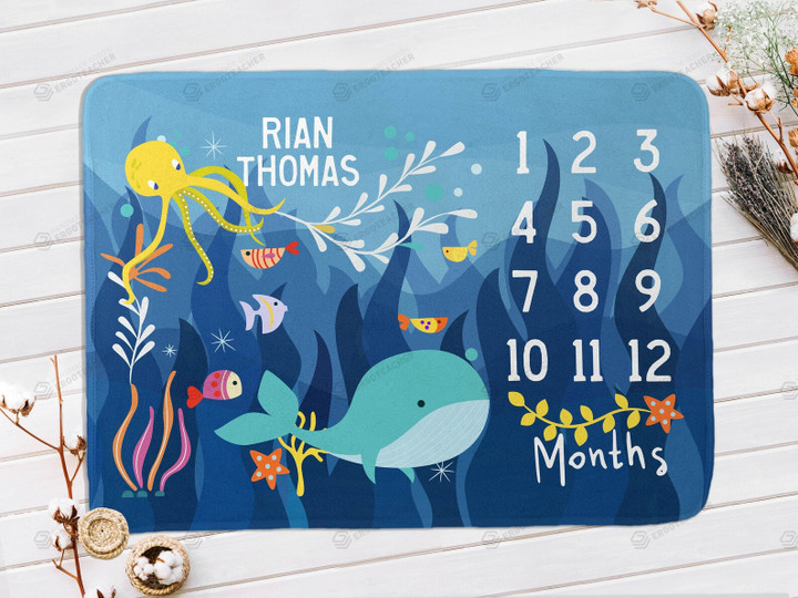 Personalized Whale Octopus & Fish Monthly Milestone Blanket, Newborn Blanket, Baby Shower Gift Track Growth Keepsake