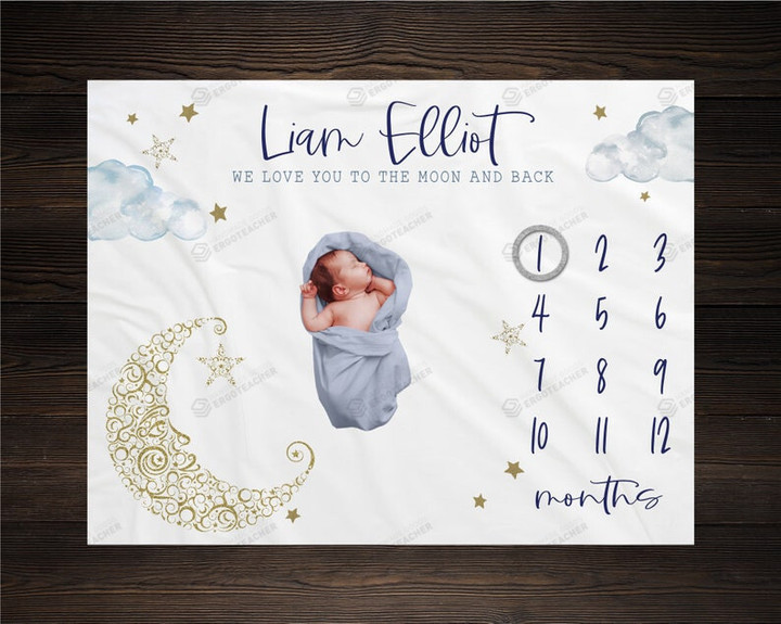 Personalized We Love You To The Moon And Back Monthly Milestone Blanket, Moon & Stars Newborn Blanket, Baby Shower Gift Watch Me Grow Monthly