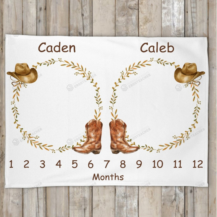 Personalized Twins Cowboy Boot And Hat Monthly Milestone Blanket, Twins Newborn Blanket, Baby Shower Gift Grow Chart Monthly