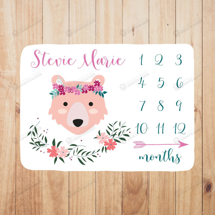 Personalized Lovely Pink Bear Monthly Milestone Blanket, Newborn Blanket, Baby Shower Gift Track Growth And Age Monthly