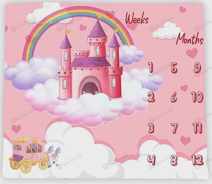 Rainbow Castle Monthly Milestone Blanket, Pink Horse Wagon Newborn Blanket, Baby Shower Gift Adventure Awaits Monthly Growth