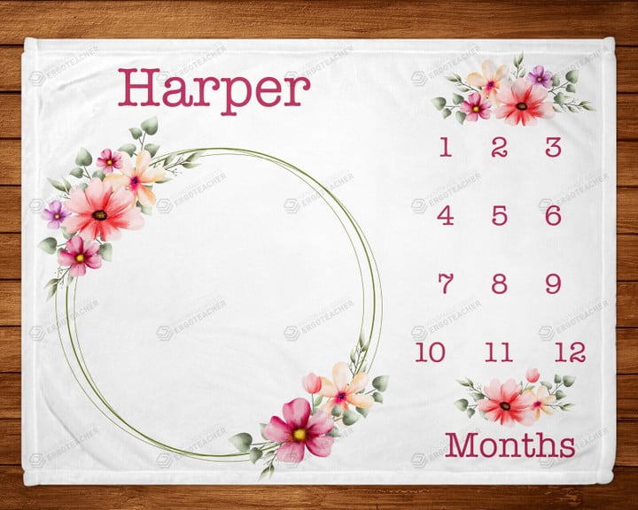 Personalized Pink Flowers Monthly Milestone Blanket, Newborn Blanket, Baby Shower Gift Grow Chart Monthly