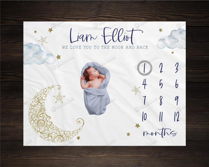 Personalized Moon And Stars Monthly Milestone Blanket, Newborn Blanket, Baby Shower Gift Track Growth Keepsake